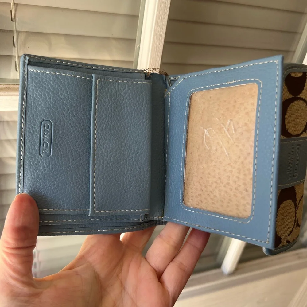 Coach Tan Signature Canvas Wallet with Light Blue Trim - Picture 3 of 4